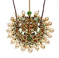 Forehead or Turban Ornament (tika), Gold, set with emeralds and diamonds, with attached pearls; enamel on reverse